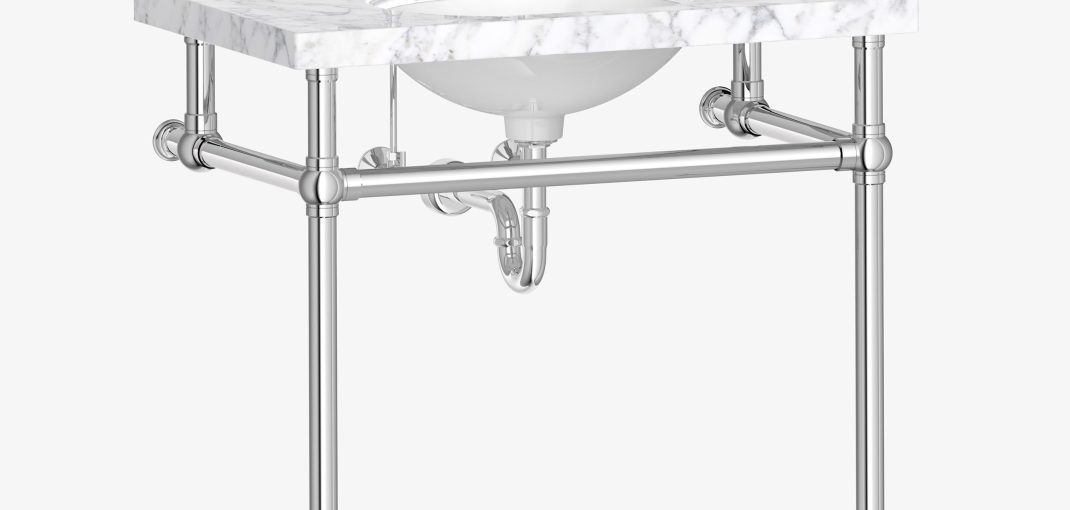 Ball Foot style Vanity Leg System in polished chrome with marble top