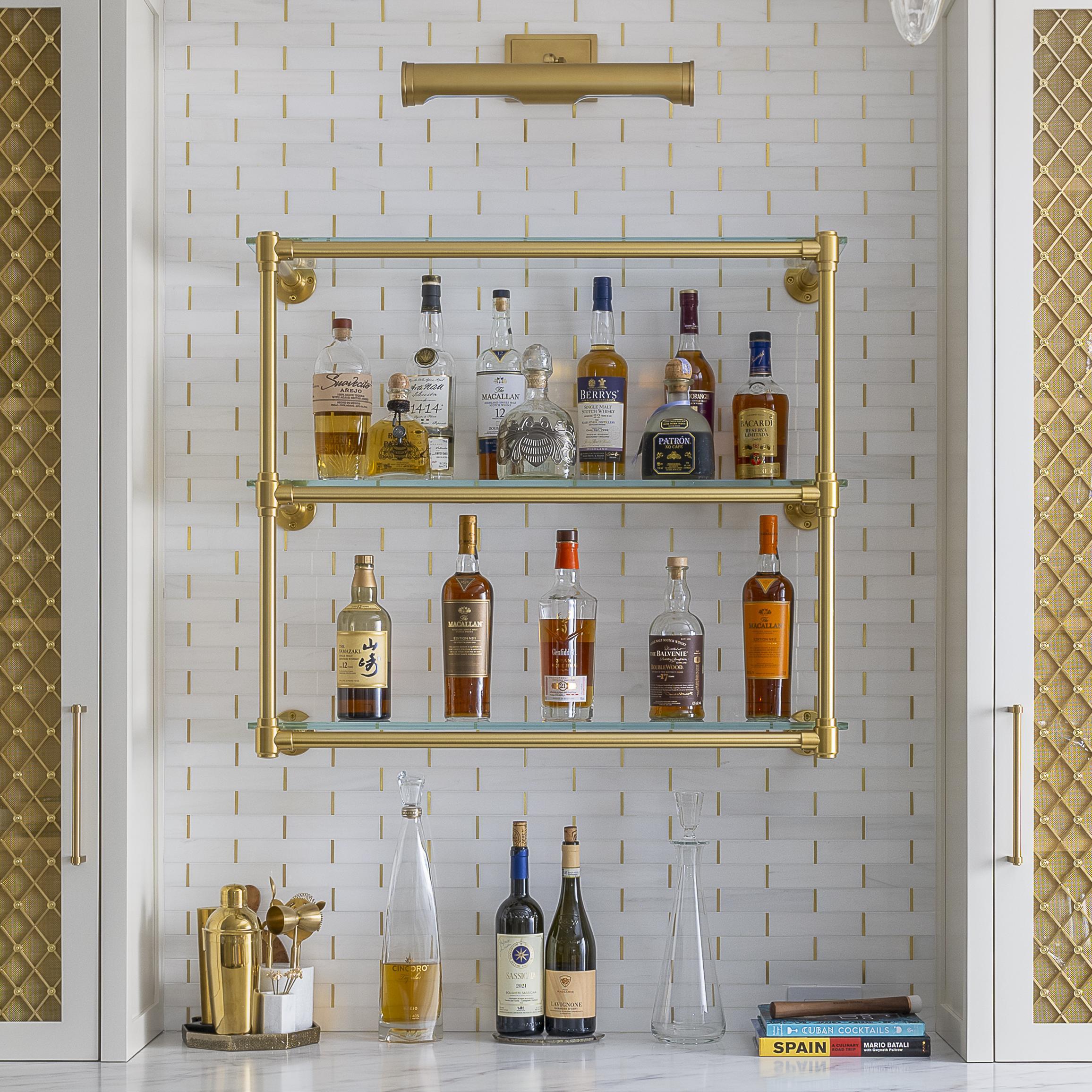 Wall-mounted Studio style Bistro Designer Shelving in polished brass with glass shelves