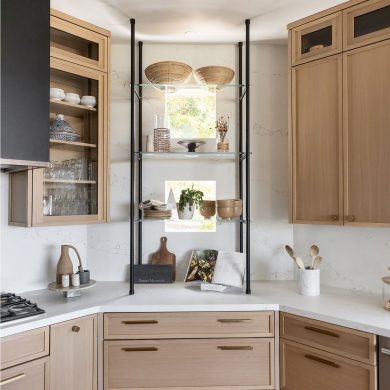 Ceiling and Counter mounted Metro style Bistro Designer Shelving in matte black with glass shelves