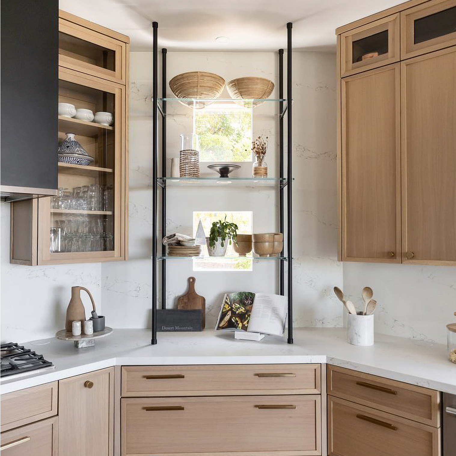 Ceiling and Counter mounted Metro style Bistro Designer Shelving in matte black with glass shelves