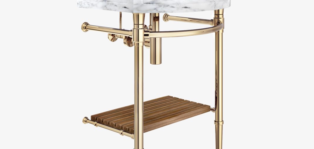 Jamestown style Vanity Leg System in polished brass with optional Teak wood shelf and Low Profile shelf supports