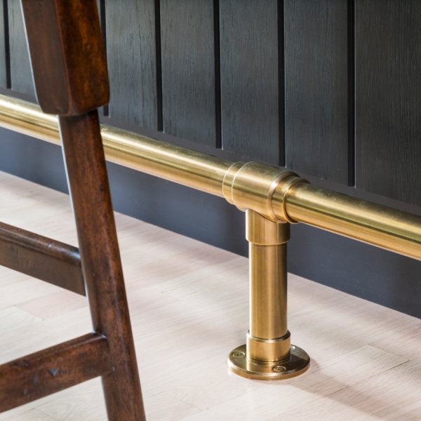 Satin Brass finished Foot Rail with Exposed-Screw Floor Mount Flange