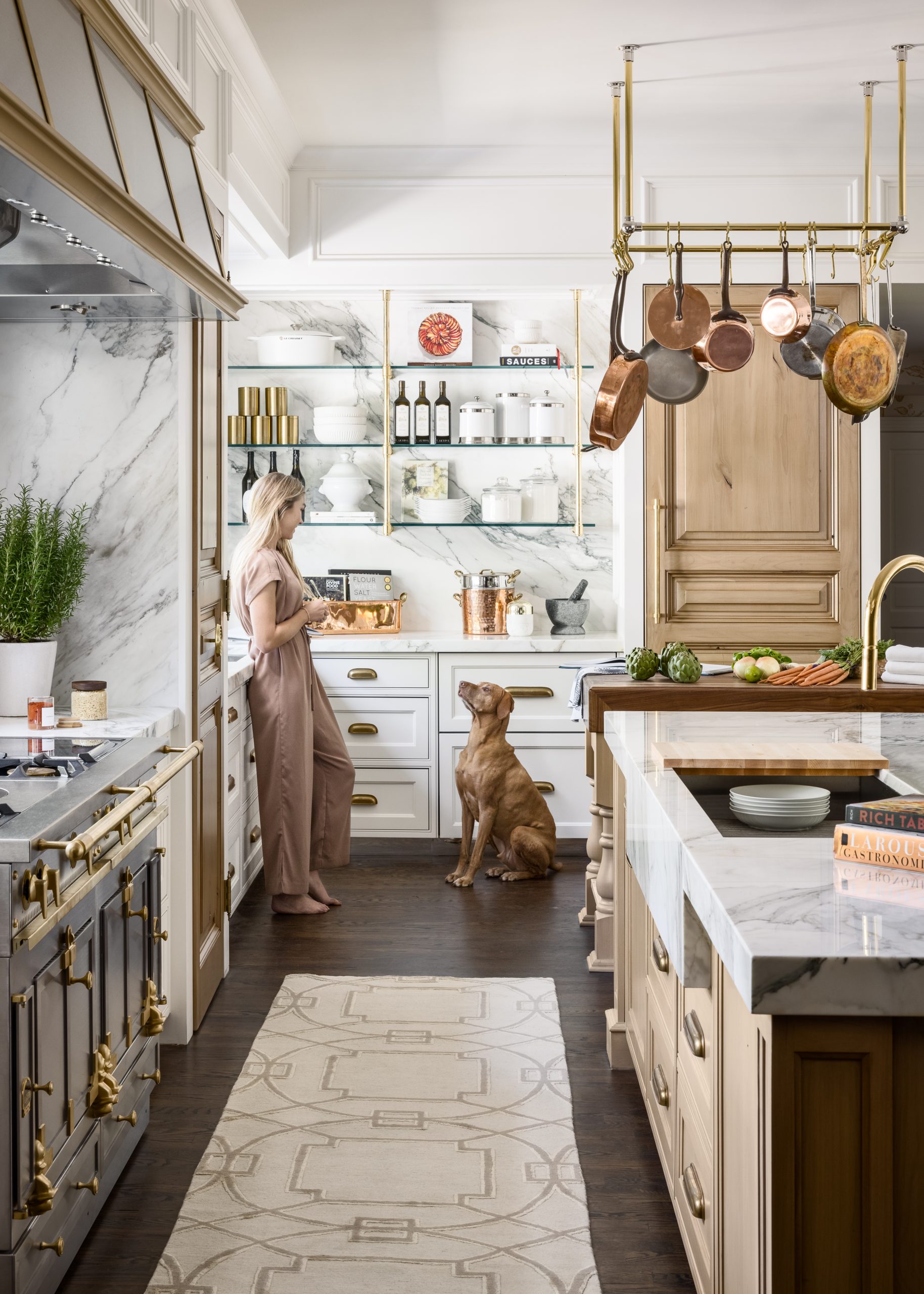 Ceiling mounted rectangular Ball style Pot rack with Studio style Bistro Designer Shelving in the background