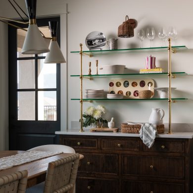 Counter & Wall mounted Ball style Bistro Designer Shelving with Bistro style top Finials in polished brass and glass shelves