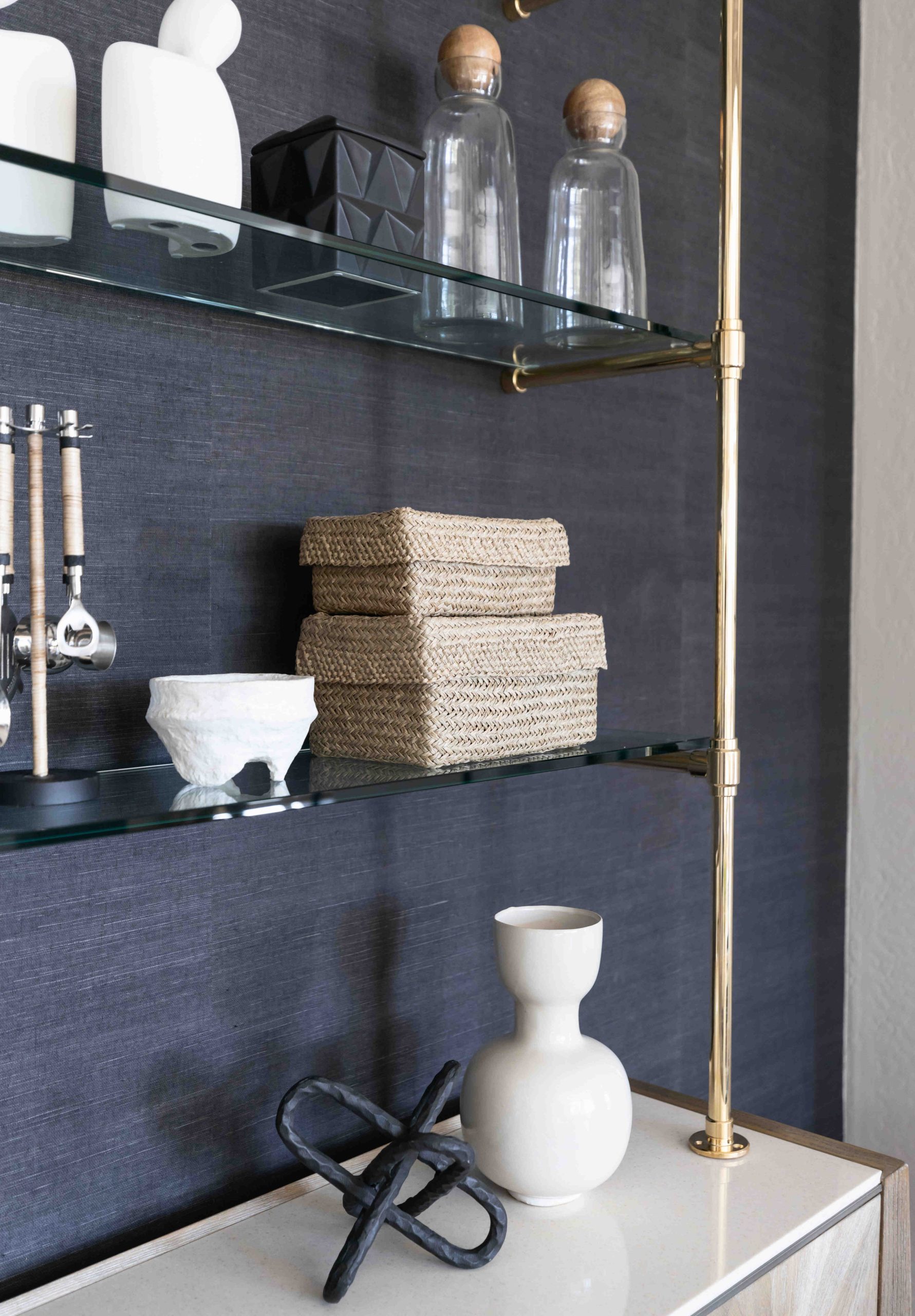 Counter and Wall mounted Studio style Bistro Designer Shelving in polished brass with glass shelves