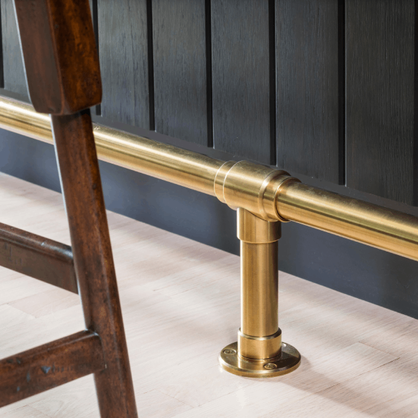 Satin Brass Studio style Foot Rail with Exposed-screw Floor Mount Flange