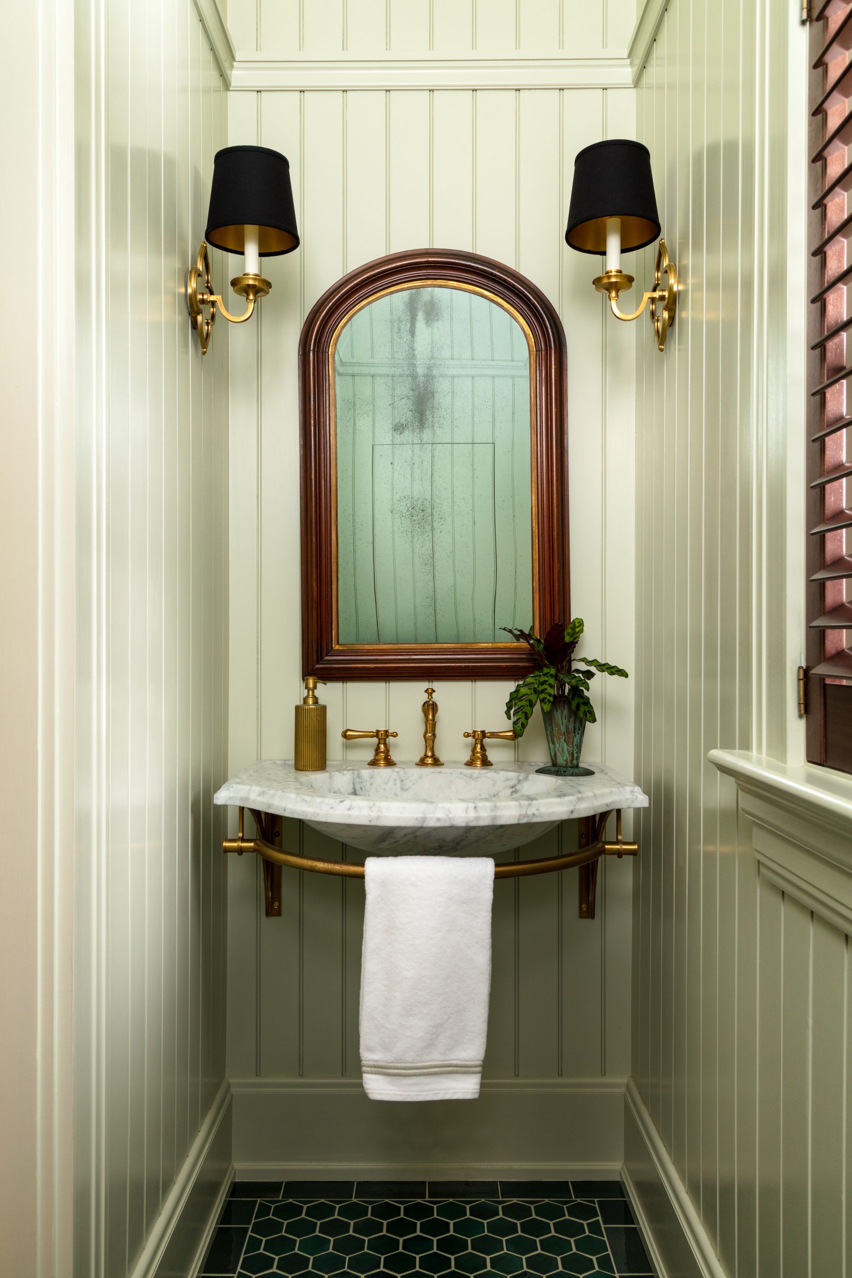Wall-mounted Regency style Vanity with Stone Forest marble top in aged brass