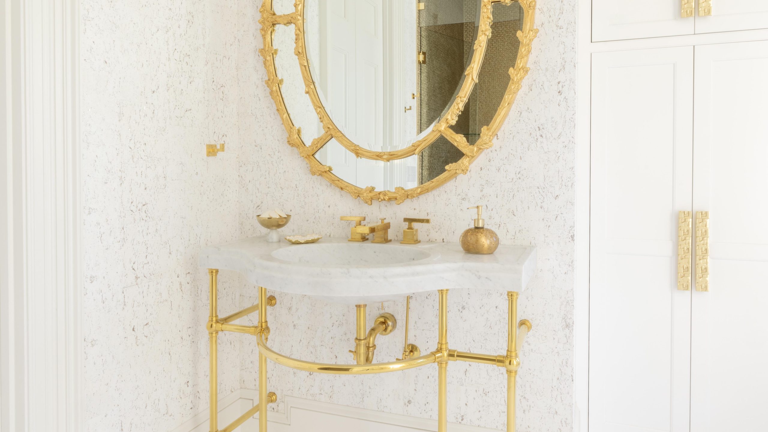 Renaissance style Vanity Leg system in polished brass with Stone Forest Renaissance marble sinktop