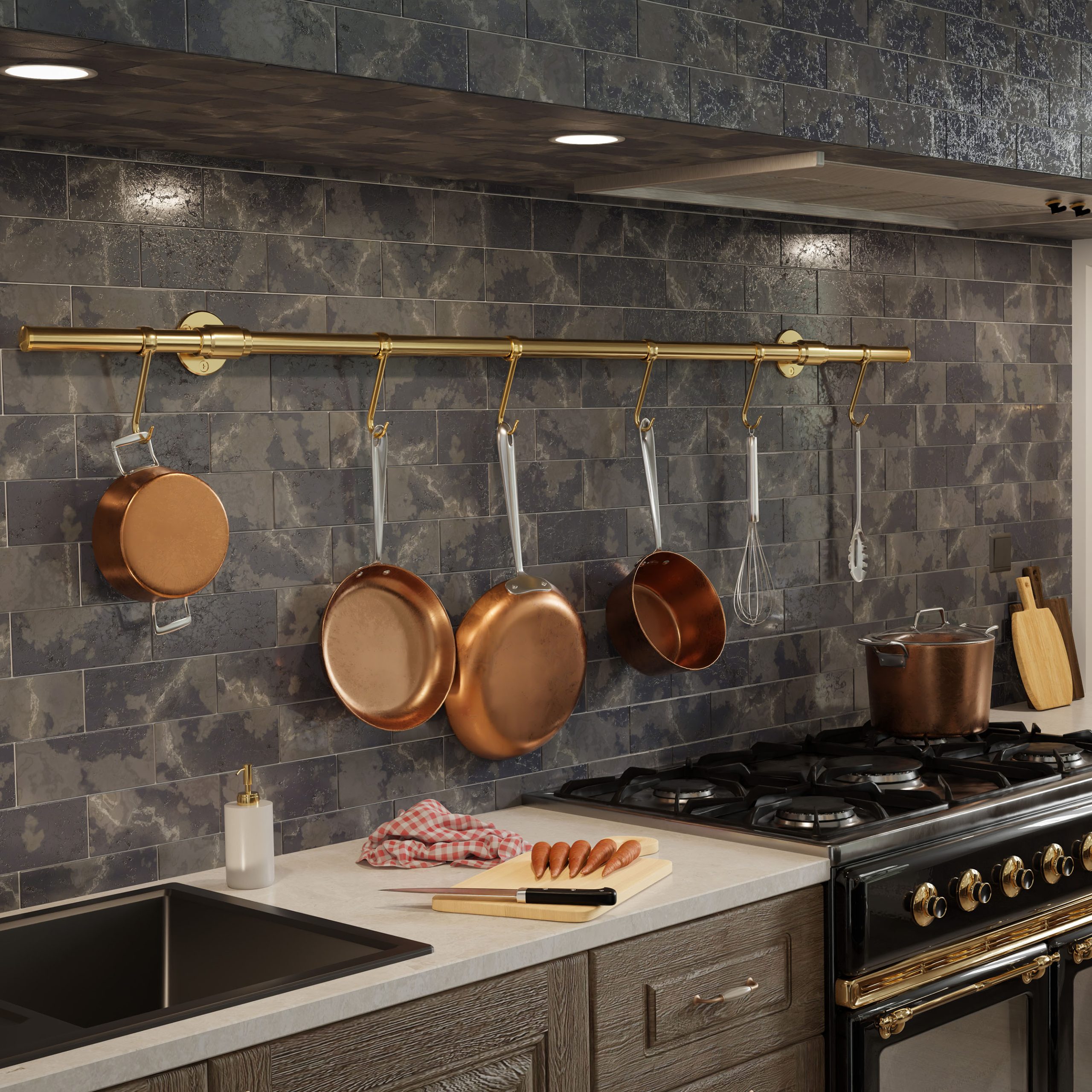 Wall-mounted Pot Rack with Studio style wall mounts and and Button style finials