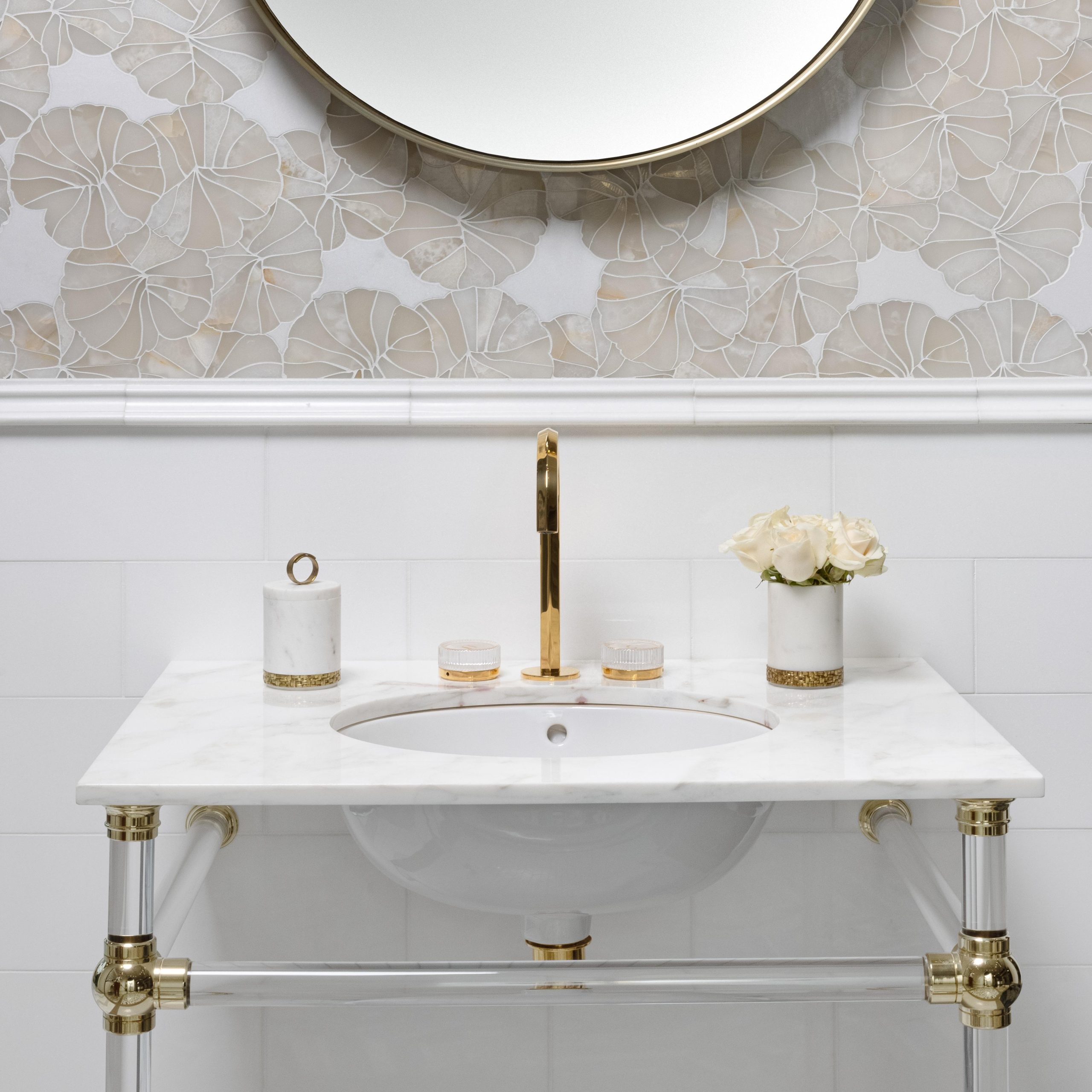 Ball style Vanity Washstand in polished nickel with clear acrylic legs and horizontals