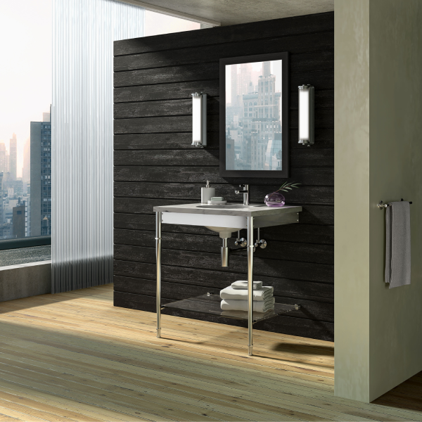 Bristol style Vanity Leg System in polished nickel with a glass shelf