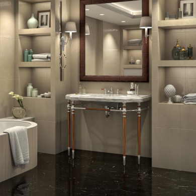 Bayonne style Vanity Leg System in polished nickel and Walnut Heartwood legs with optional Hammered Balls