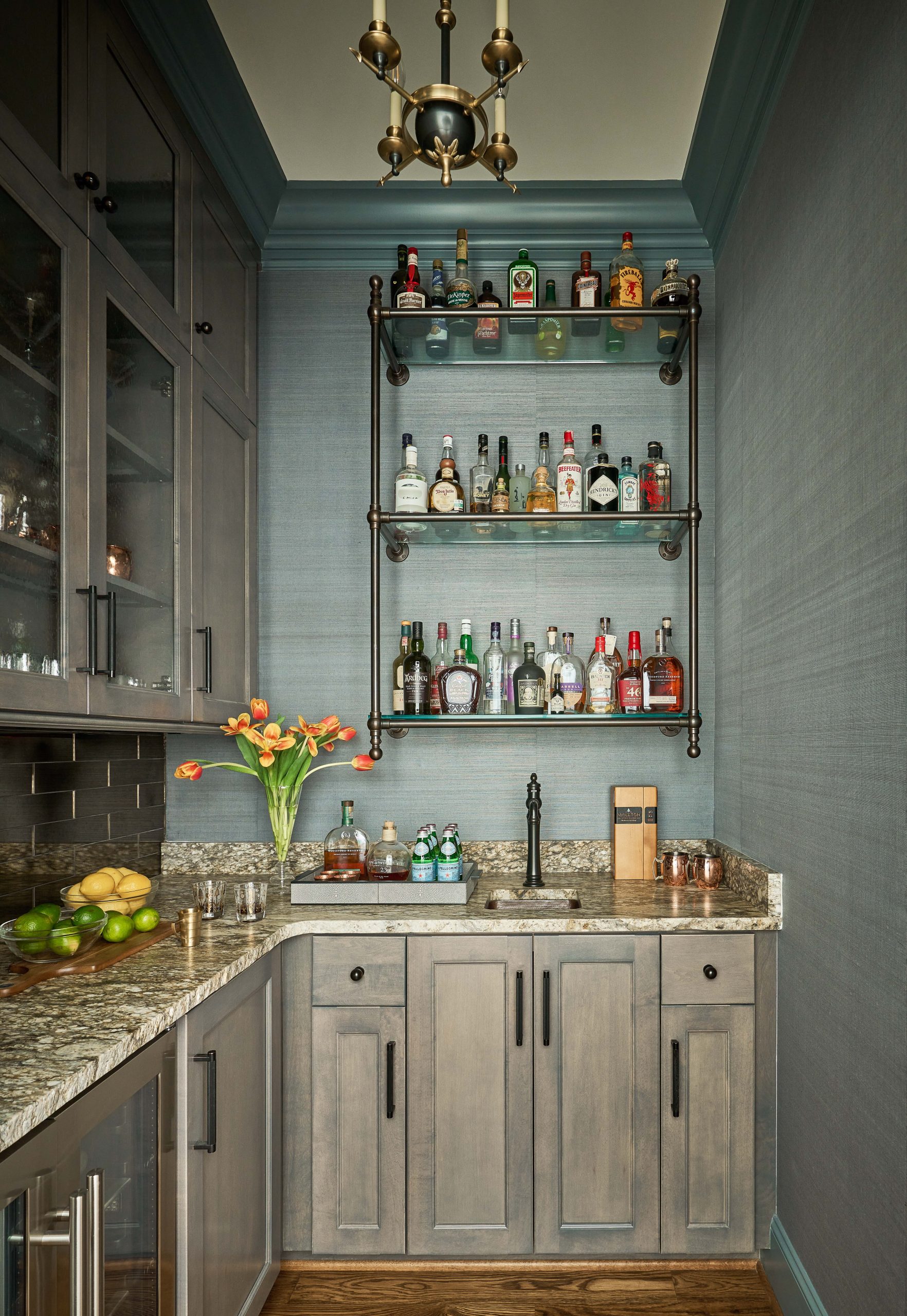 Wall-mounted Ball style Bistro Designer Shelving with Bistro style Finials in aged nickel