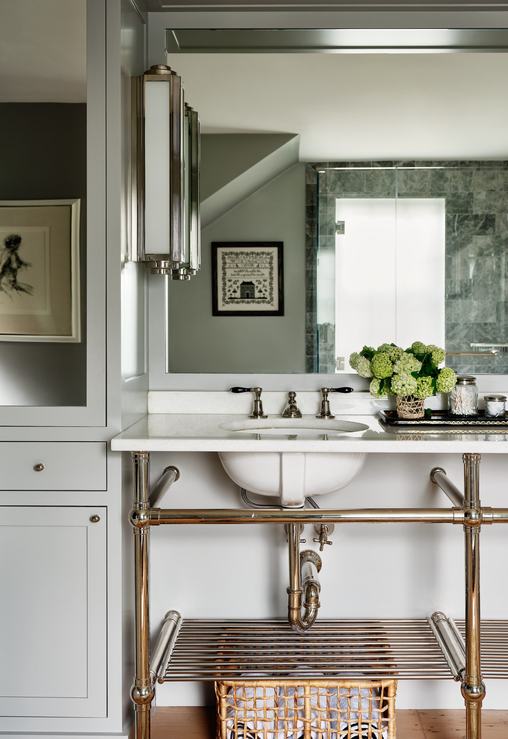 Tapered Foot style Vanity Leg System with Rail Style Shelf Supports and Tybular Metal "hotel" style shelves in polished nickel