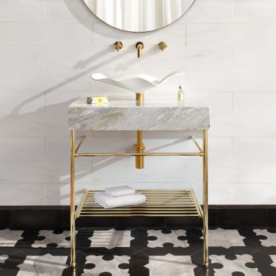Metro style Vanity Leg System with Low-Profile Shelf Supports and Hotel style shelf