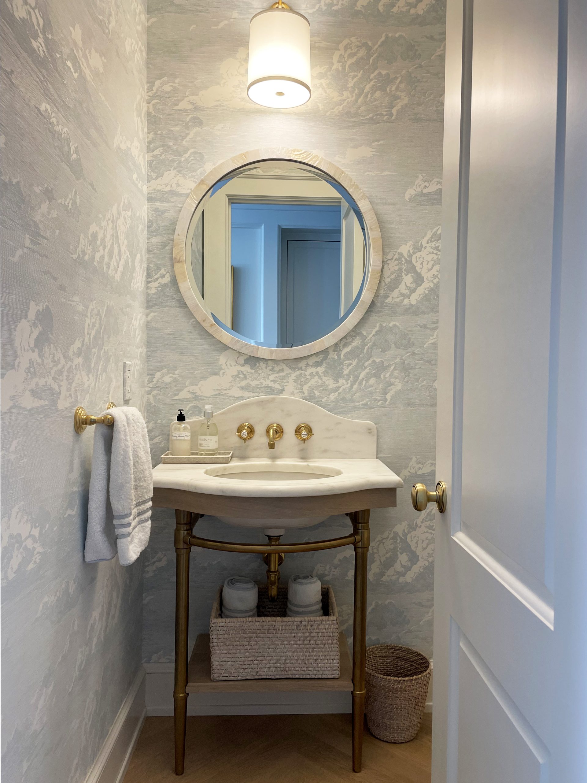 A Jamestown style Vanity Leg System in aged brass