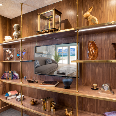 Floor, Ceiling, & Wall mounted Split Collar style Bistro Designer Shelving in polished brass