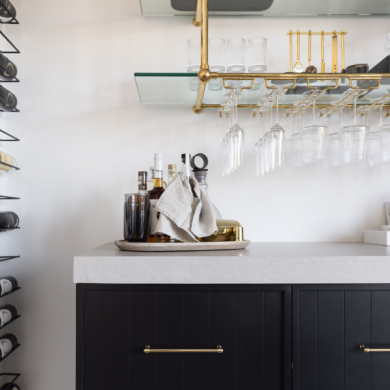 Optional Brass Stemware Holders mounted on a Ball style Designer Shelf