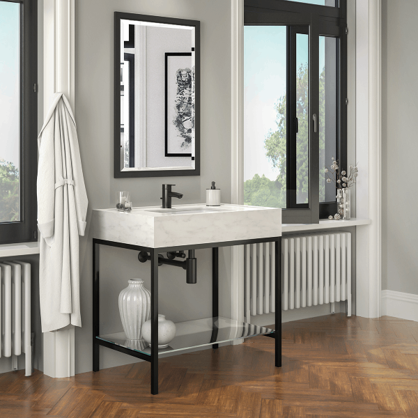 Linear style Vanity Leg Console in matte black with a gless shelf