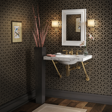 Apex style wall-mounted Vanity in polished brass with optional Decorative Collars