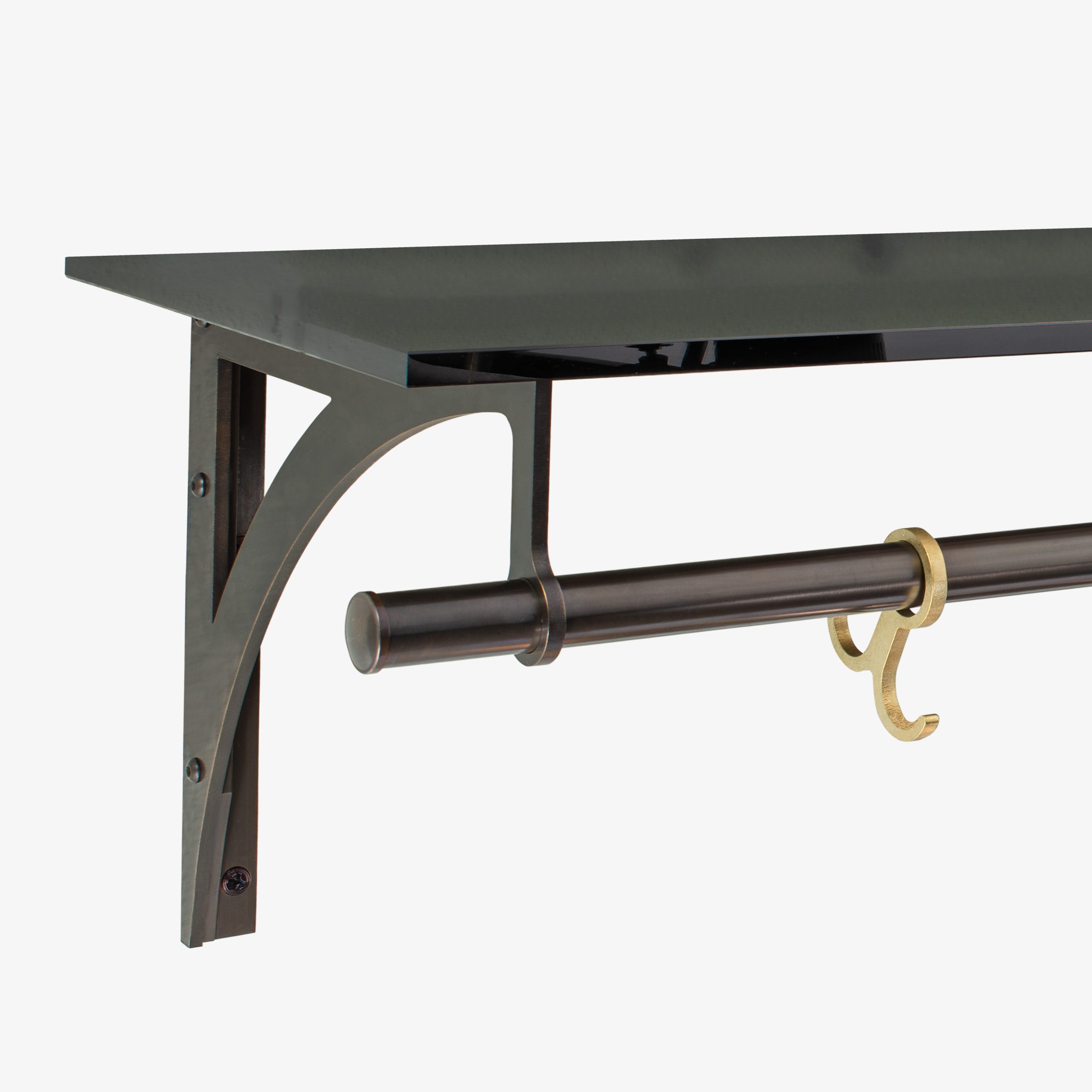 Regency Bracket shelving closeup, Matte black, glass shelf, & Pot Rack