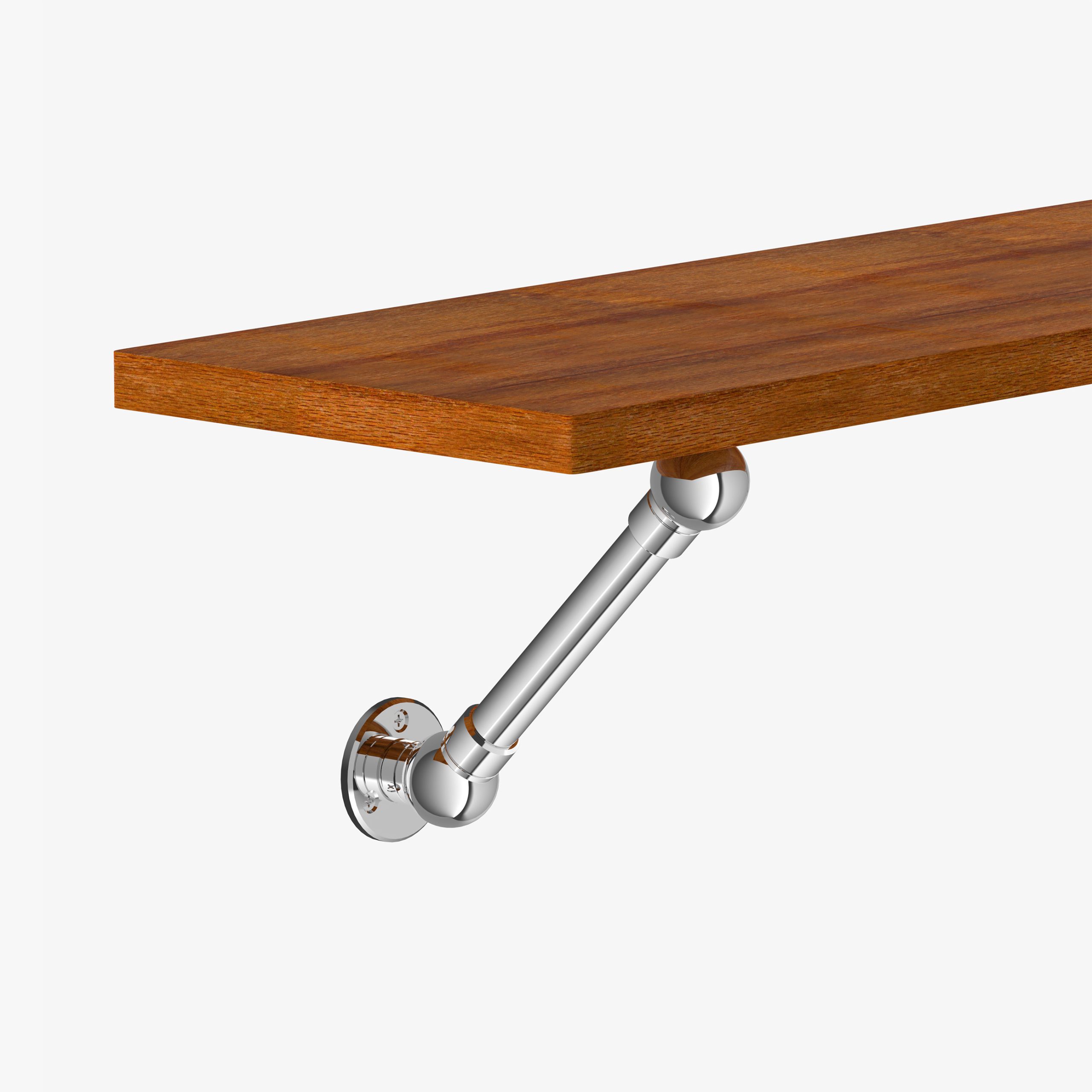 Signature Bracket shelf closeup, showing ball style posts in polished nickel, studio environment- link to signature shelving
