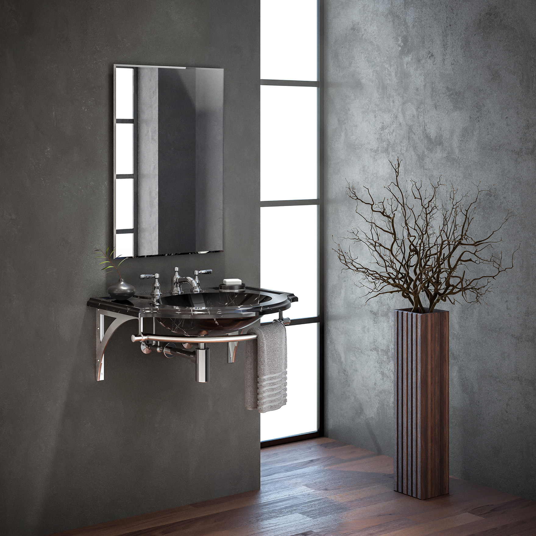 Regency Vanity, in polished chrome with black marble sinktop in modern minimalist bathroom