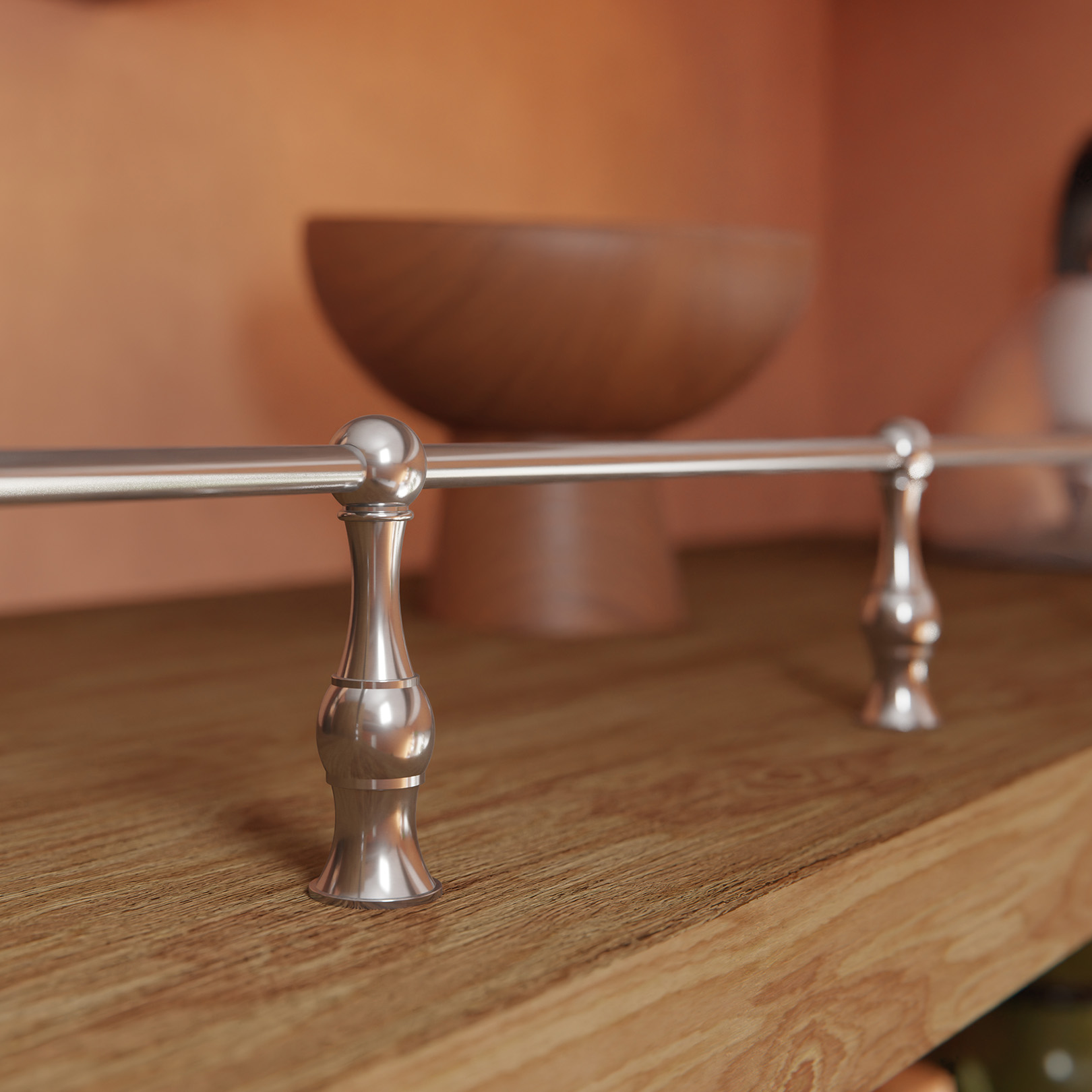 Traditional style Gallery Rails in polished nickel mounted on a wood shelf