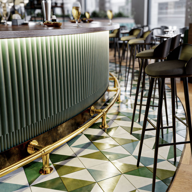 Floor & Wall Mounted polished brass Studio style Curved Foot Rail with Exposed-Screw flange