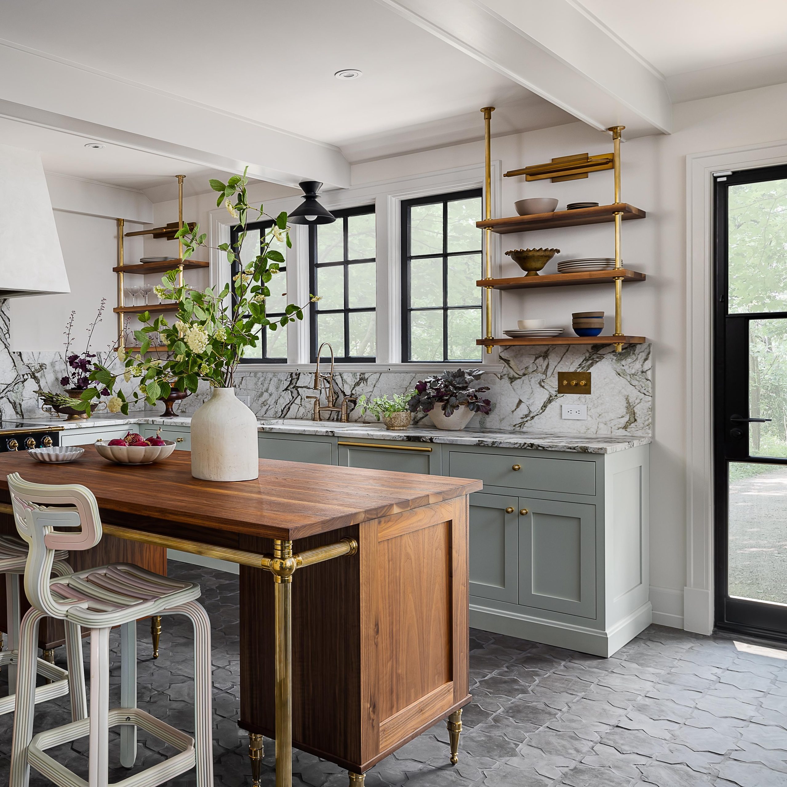 Ceiling & Wall mounted Split Collar style Bistro Designer Shelving, Tapered Foot style Kitchen Designer Legs, and Tapered Foot style Furniture Feet all in polished brass with Reeded Tubing.