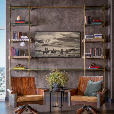 Floor & wall mounted Studio style Bistro Designer Shelving with mixed glass, wood, and stone shelves