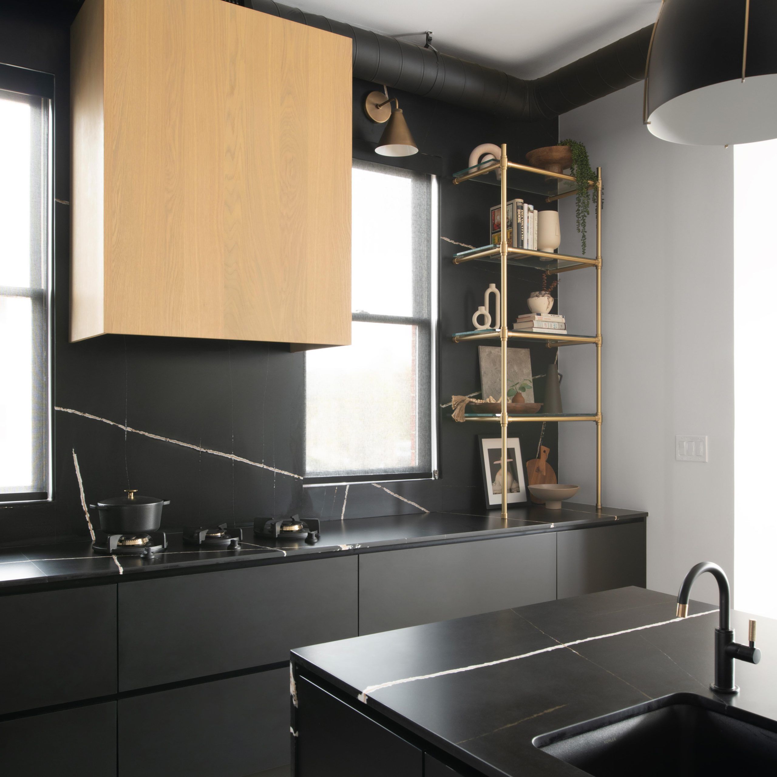 Counter & wall mounted Studio style Bistro Designer Shelving in satin brass with glass shelves