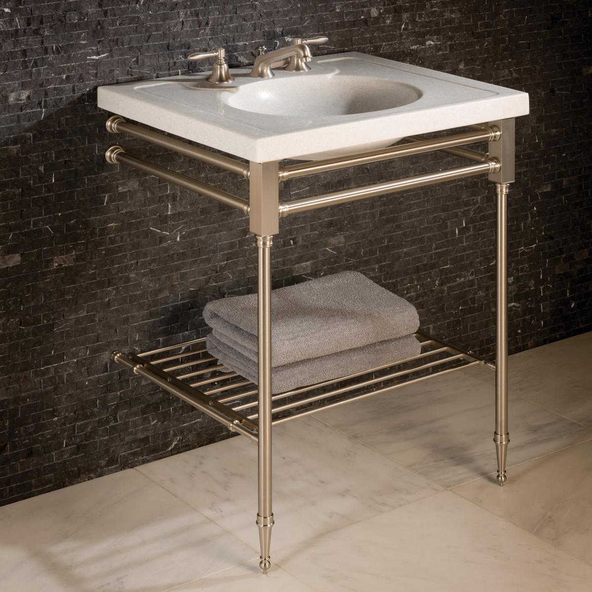 A Capital style Vanity Sink Leg System in satin brass with Low-Profile Shelf Supports and a Hotel style Tubular Metal Shelf