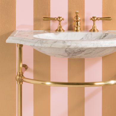 Petite Renaissance Vanity Leg System in satin brass with a Stone Forest Petite Renaissance marble sinktop
