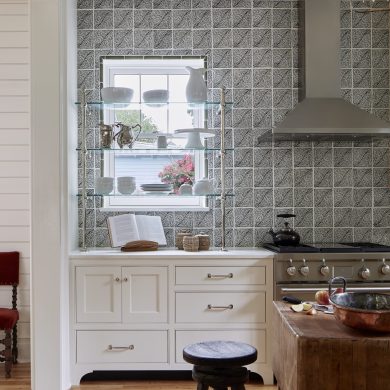 Counter & wall mounted Ball style Bistro Designer Shelving with Bistro style Finials in polished nickel and glass shelves