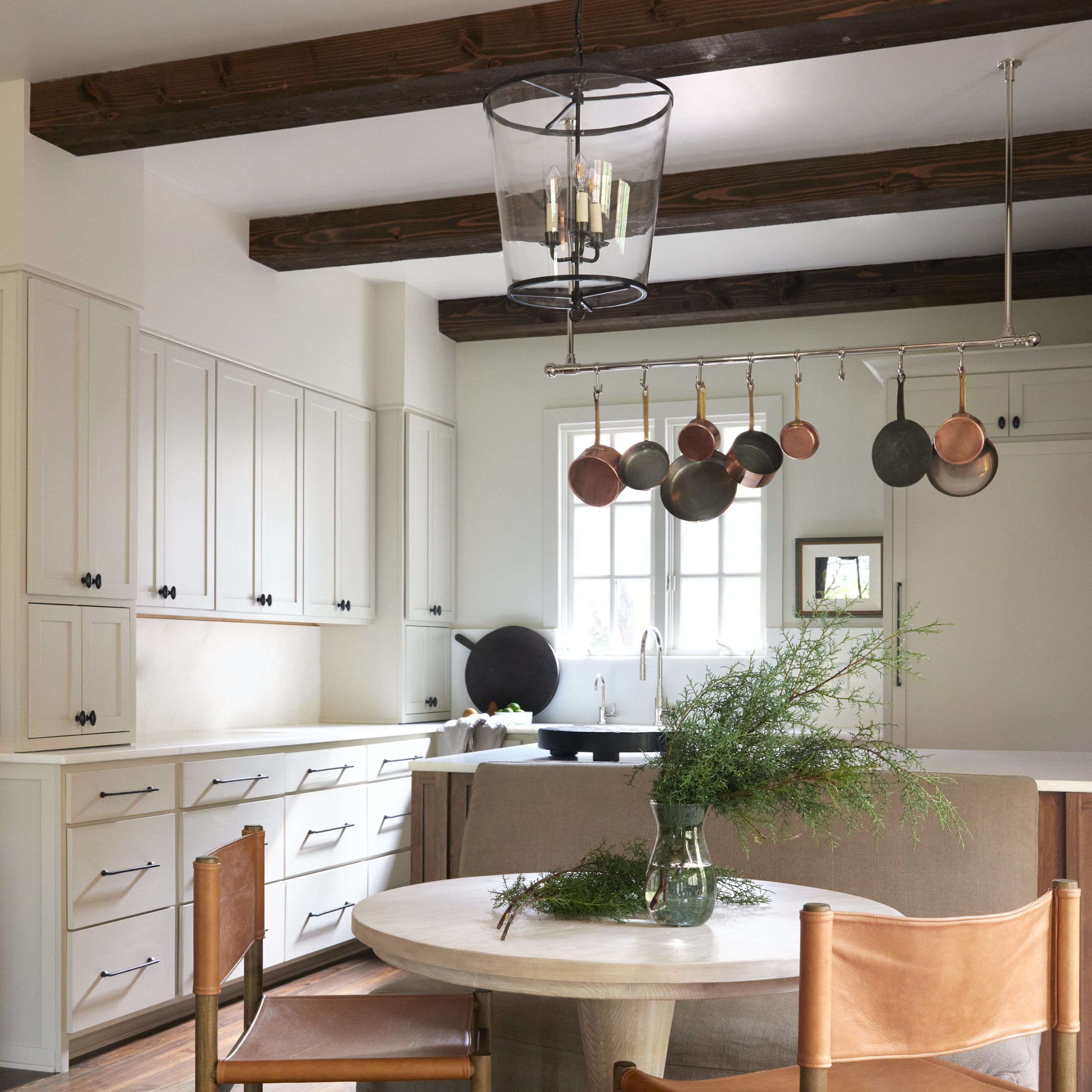 Single Rail Studio Style ceiling mounted Pot Rack with Bistro style Finials in polished nickel