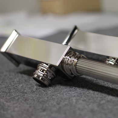 Detail of a custom Capital style Vanity Sink Leg with a single Crossbar and Reeded Tubing