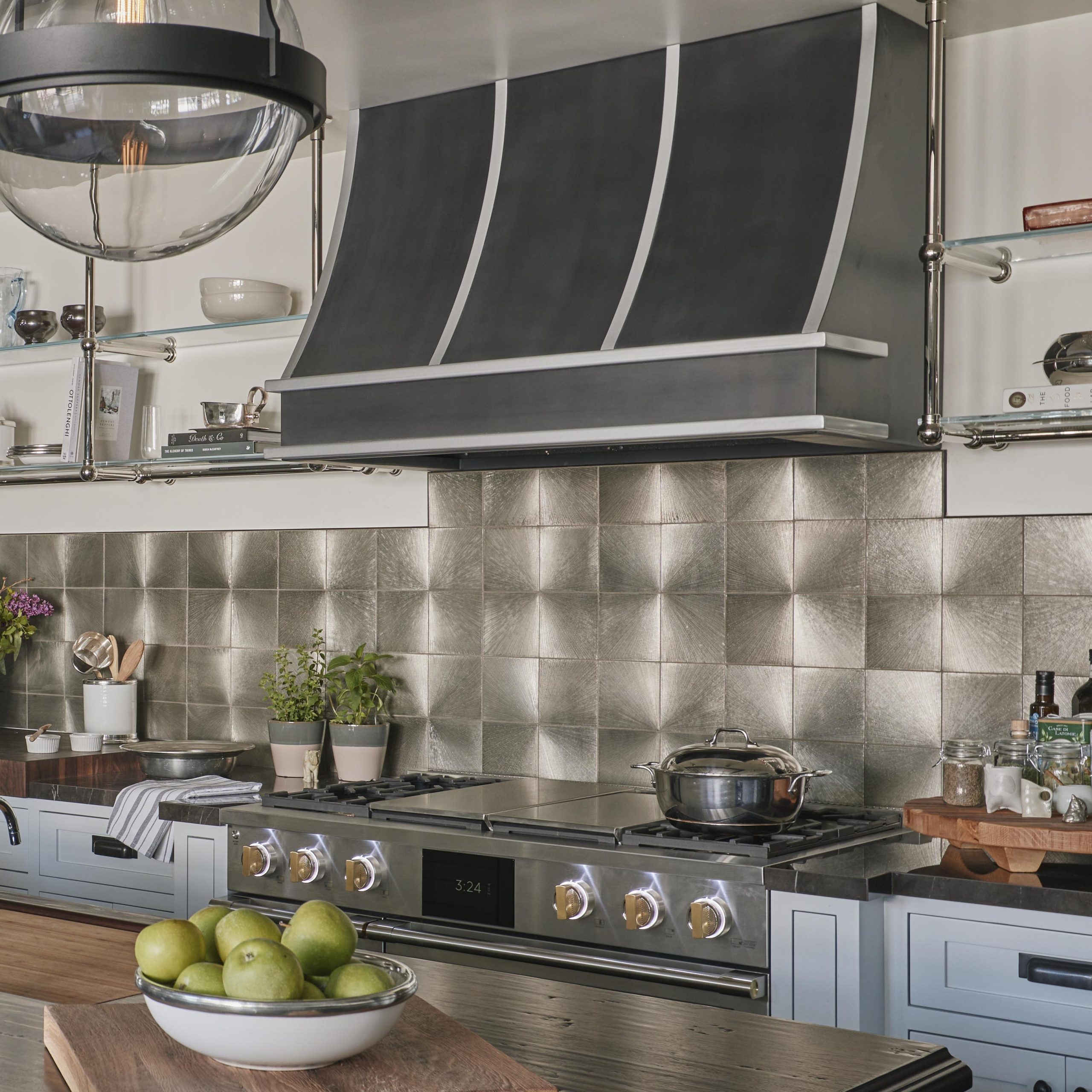 Ceiling & Wall mounted Bistro Designer Shelving in polished nickel with custom mid-postiion crossbr and glass shelves