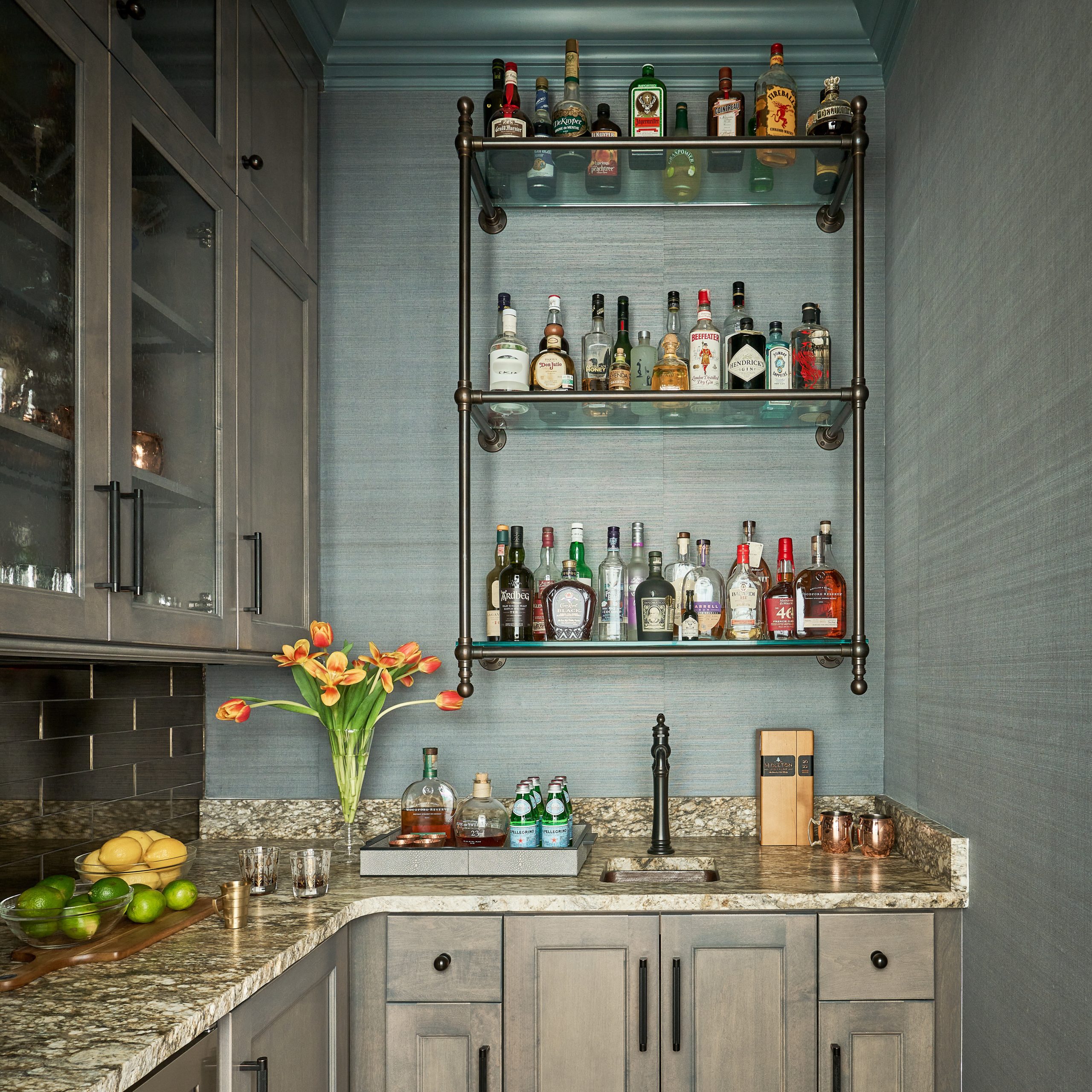 Wall-mounted Ball style Bistro Designer Shelving in aged-nickel with glass shelves and Bistro style Finials
