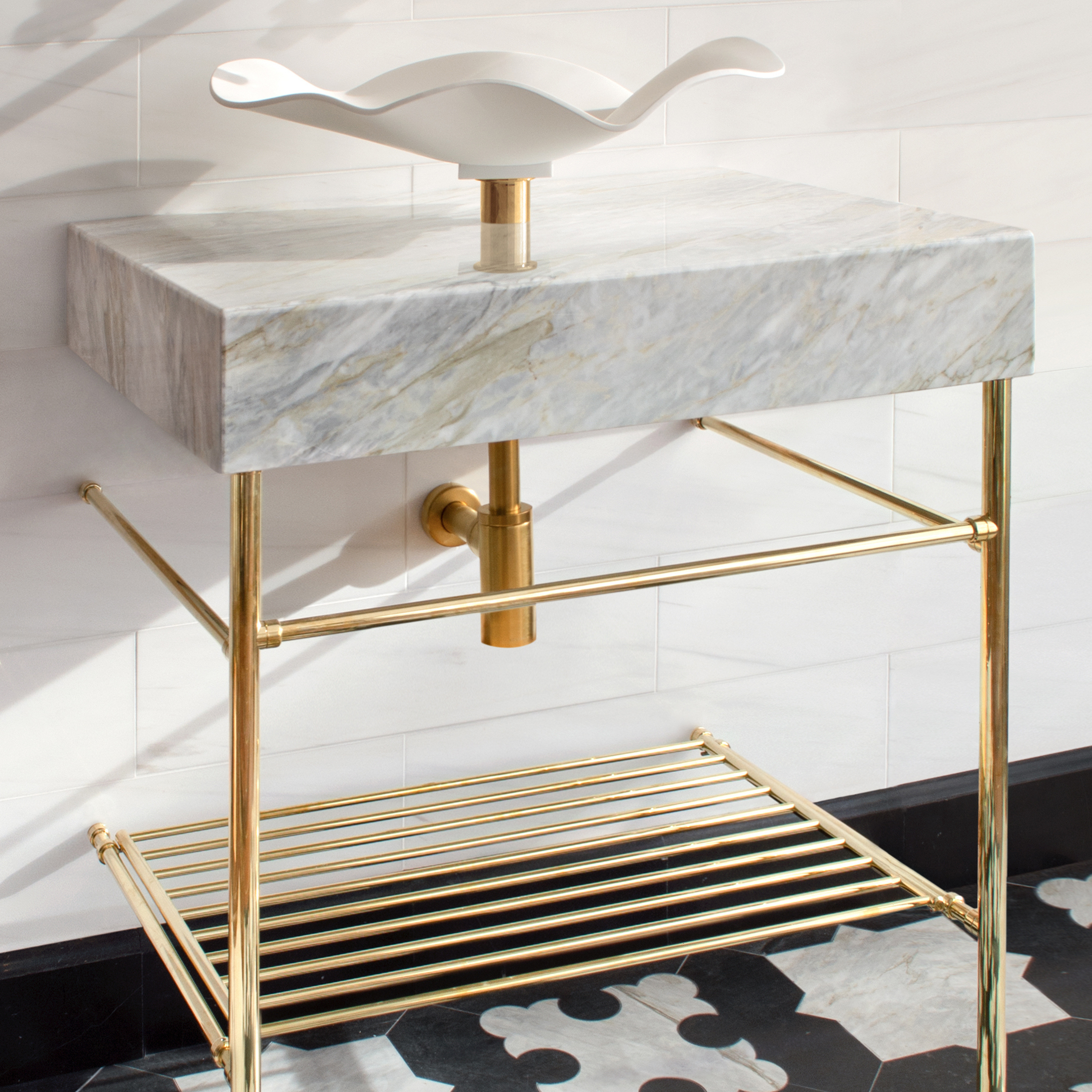 Metro style Vanity Washstand in polished brass featuring Low-Profile Shelf Supports and a Tubular Metal Shelf