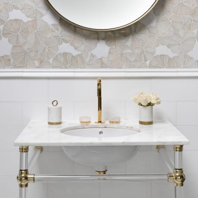 Classic Tapered Foot style Vanity leg system in polished nickel with clear acrylic legs and horizontals
