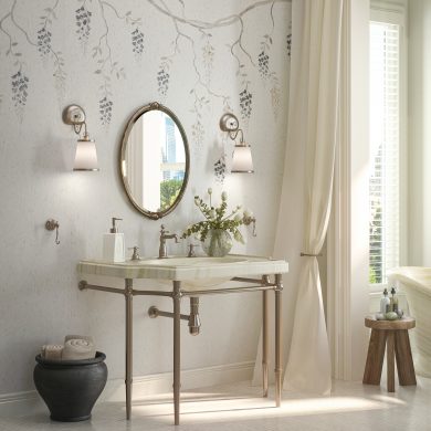 Franklin style Vanity Leg System in polished nickel with a Stone Forest bayonne marble top