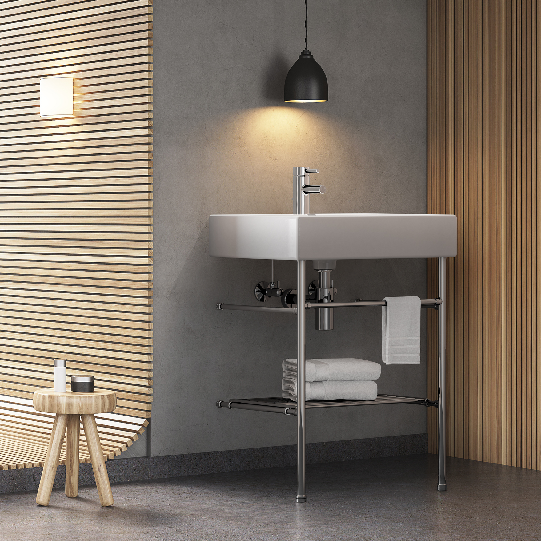 Metro style Vanity Washstand in polished nickle featuring Low-Profile Shelf Supports and a Tubular Metal Shelf
