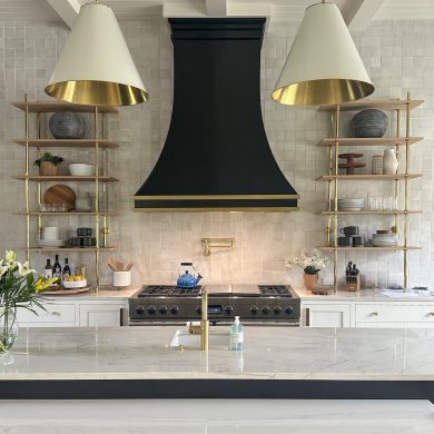 Counter & Wall mounted Split Collar style Bistro Designer Shelving in polished brass with wood shelves