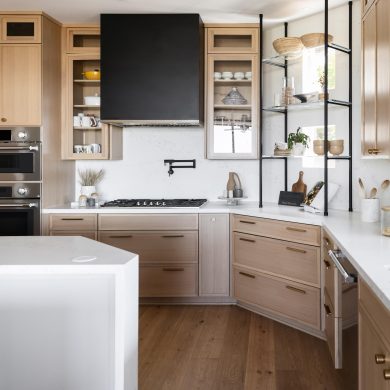 Ceiling & Counter mounted Metro Style Designer Shelving in matte black with glass shelves