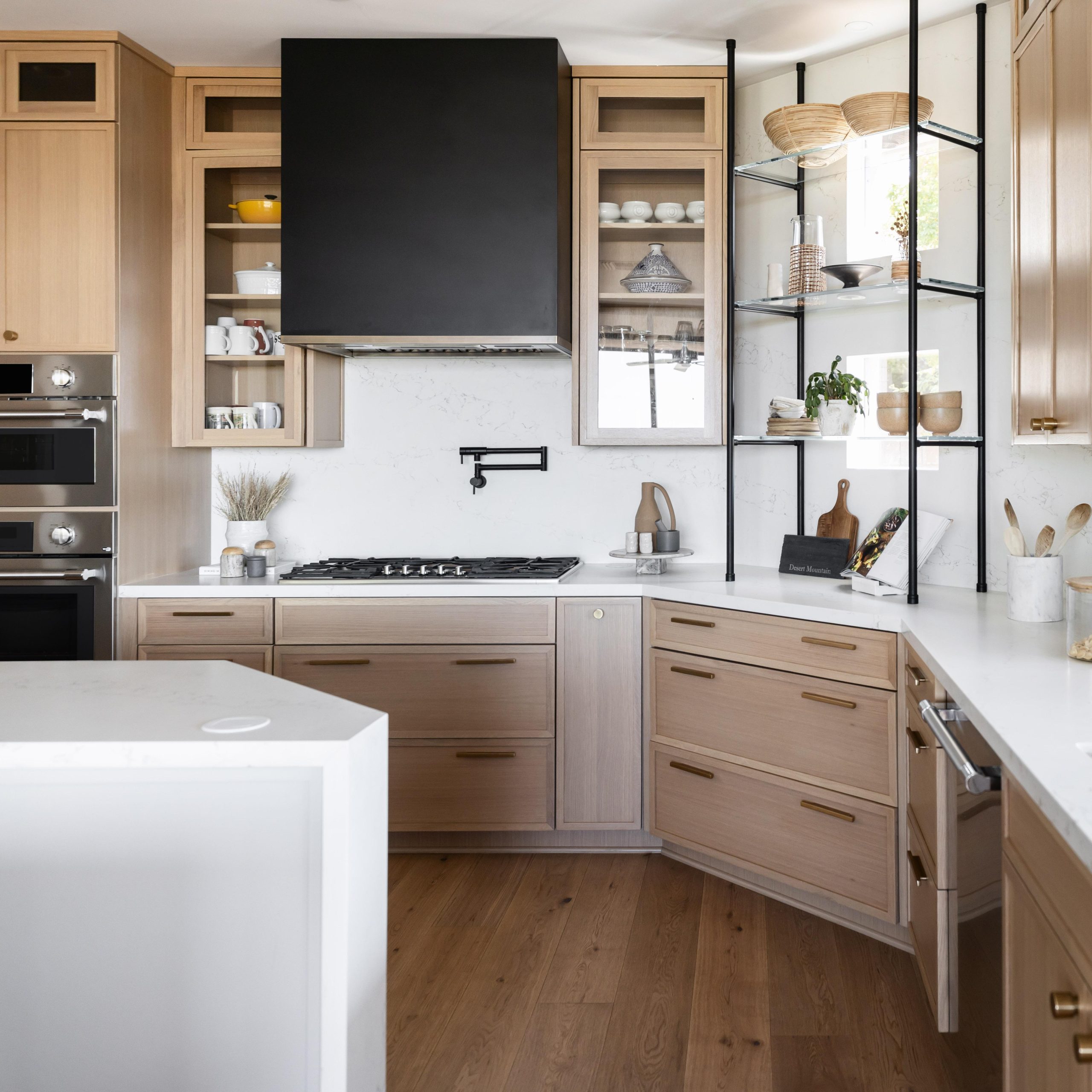 Ceiling & Counter mounted Metro Style Designer Shelving in matte black with glass shelves