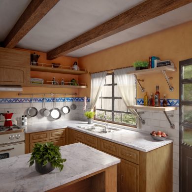 Apex style Designer Shelving Brackets in satin nickel and Traditional style Gallery Rails above a wall-mounted Studio style pot rack.