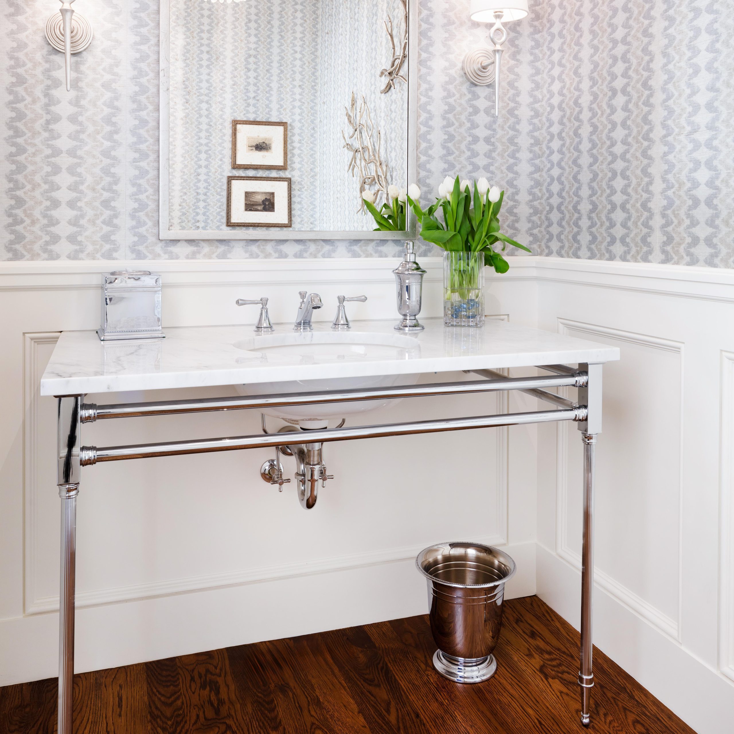 A Capital style Vanity Leg System in polished chrome