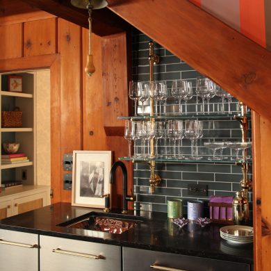 Wall-mounted Rack style Cantilever Shelving feturing Ball style wall mounts, a Bistro style top Finial and a Button style bottom finial