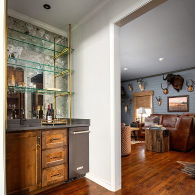 Ceiling & Wall mounted studio style Bistro Designer Shelving in polished brass with glass shelves